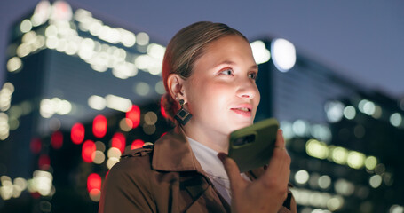 Poster - Woman, smile and outdoor with smartphone for voice note at night for conversation on social media in New York. Female person, happy and voicemail message for networking or communication on mobile app