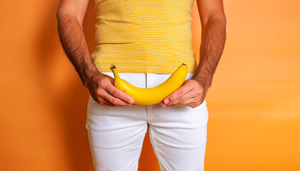 Close-up of a man holding a banana in front of his genitals. Man in white jeans and yellow t-shirt, legs slightly apart, against an orange-yellow background. Sexual issues concept. Generative Ai.