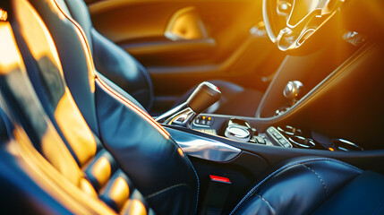 Poster - High angle view of luxury sport car front passenger seat and detail high end fabric and stitch texture along with blurred gear shift control buttons Design element and car interior bac : Generative AI