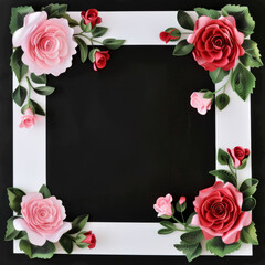 Sticker - White, blank sheet with floral frame on black background
