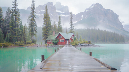 Poster - Red house by the lake in the mountains
