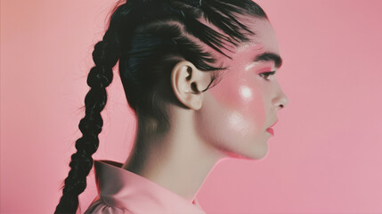 Wall Mural - Portrait of an Asian girl on a pink background
