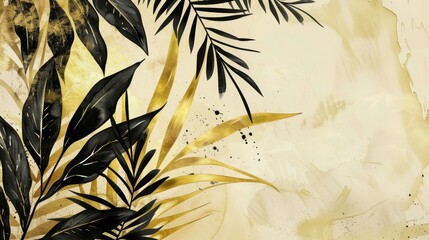 Wall Mural - Flourishing gold black leaves on vintage background with golden jungle creepers stem and smear of paint. Perfect for wedding invitations, holiday sales, or any other occasion.