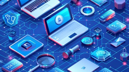 Poster - personal data protection concept, internet account security isometric modern. login and password fra
