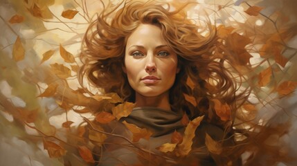 A portrait of a middleaged woman with leaves and branches entwining her hair, with autumnal effects, in a natureinspired and organic style with warm earth tones and soft textures, in the style of a hy