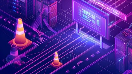 Wall Mural - This isometric modern illustration depicts a website under construction, maintenance work, or error page. Traffic cones, warning signs, and datacenter server racks are displayed.