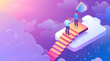 Poster - A business solution and agreement level modern illustration. Two businessmen shaking hands on cloud, female assistant on wooden staircase, successful deal negotiation, cooperation development.