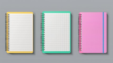 Poster - An illustration of notebook pages with a lined, checkered, and dotted pattern. Realistic 3d Modern illustration using lines, dots, and binder iron spirals isolated on a gray background.