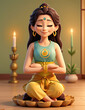 Woman in meditation smiling, practicing yoga in lotus posture, reaching a spiritual awakening or mukti, nirvana, divine grace, freedom sense, a feeling of joy and freedom, peace and serenity

