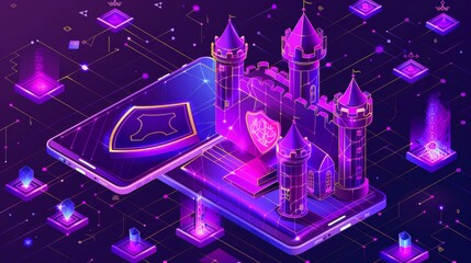 Poster - Bank payment application, shield guarding personal information on smartphone screen. 3D modern line art web banner for credit card security.
