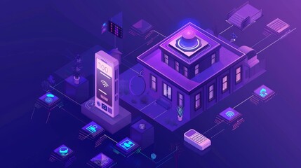 Poster - An Internet of Things banner. An isometric symbol of a clock with a digital alarm and a watch. A house control system design concept.