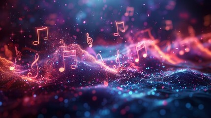 Abstract music background with musical notes and colorful light trails