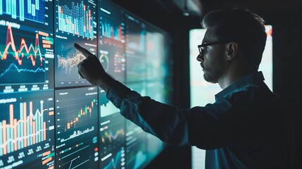 Professional pointing at financial data displayed on a hightech digital screen