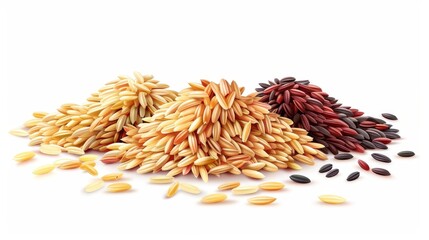 The different kinds of rice grain piled up on a white background. A modern realistic pile of arborio, basmati, and red rice. Natural organic cereal component for cooking sushi or garnishing.