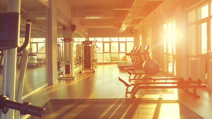 Poster - Sunshine fitness and empty gym for exercise workout and training Sunlight room and a club for sports health or cardio and exercising routine in the morning in summer for wellness and r : Generative AI