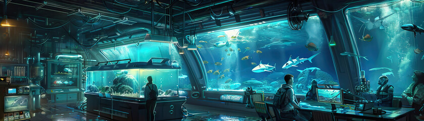 Marine Research Center Floor: Featuring aquarium tanks, research vessels, underwater exploration equipment, and marine biologists studying marine life