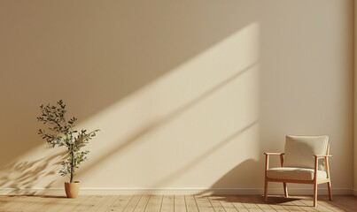 Wall Mural - 3d rendering, Beige wall with wooden slats, minimalist interior design of modern living room mockup