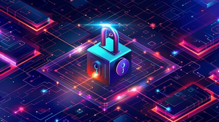 Poster - a modern web banner with an isometric sideview. a large lock with a combination lock and electronic 