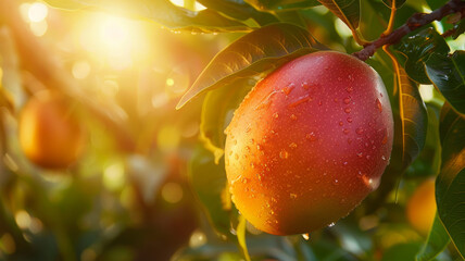 Wall Mural - Close-up of a ripe mango fruit on a tree with sunlight shining through.