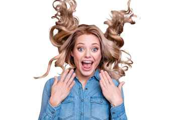 Wall Mural - Close-up portrait of her she nice cute gorgeous charming adorable attractive cheerful crazy wavy-haired lady having fun curls blowing isolated over gray violet purple pastel background