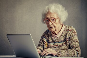 Elderly lady with glasses intently focuses on her laptop screen, technology across generations