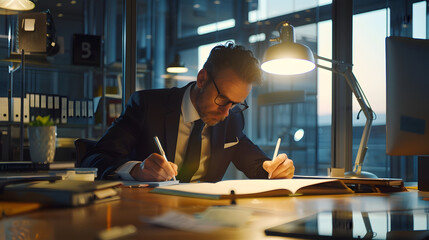Poster - businessman sitting at desk writing in notebook in modern open plan office : generative ai