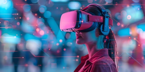 Poster - Fully Interactive Virtual Reality Digital Marketplace Simulating Future E Commerce and Marketing Concepts with Futuristic Neon Lights and Abstract