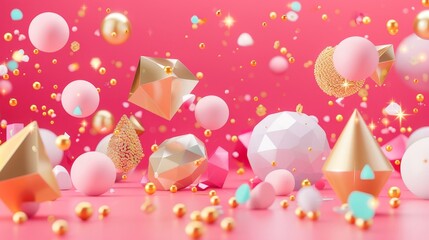 Poster - An abstract banner with geometric 3D shapes of a hemisphere, octahedron, sphere, cone, cylinder, pyramid and icosahedron on pink background embellished with gold pearls.