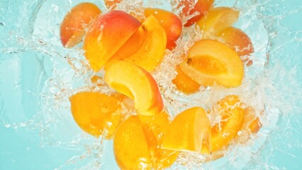 Poster - Freeze Motion of Peach Slices Falling into Water, Splashing.
