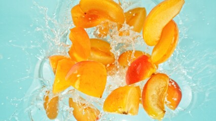Poster - Freeze Motion of Peach Slices Falling into Water, Splashing.