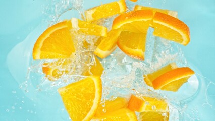 Poster - Freeze Motion of Orange Slices Falling into Water, Splashing.