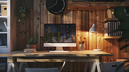 Aufkleber - Comfortable workplace with computer near wooden wall in stylish room interior Home office design : Generative AI