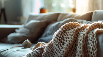 Poster - Cozy living room interior with knitted blanket on comfortable sofa : Generative AI