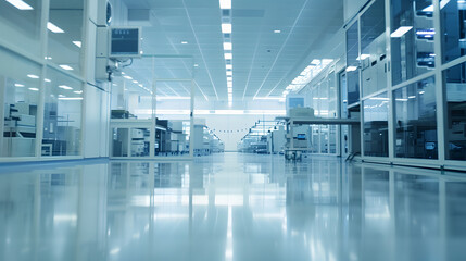 Leinwandbilder - Wide shot of Bright Advanced Semiconductor Production Fab Cleanroom with Working Overhead Wafer Transfer System Computer Chip Manufacturing Process : Generative AI