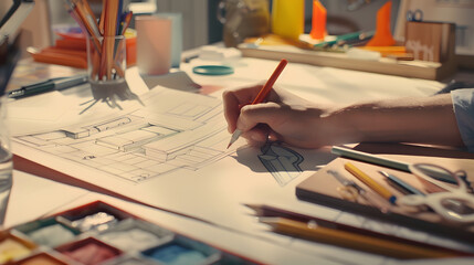 Fototapete - Interior designer working on color hand drawings of interior at work place Photo of young designers work concept : Generative AI