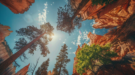 Canvas Print - Low-angle view of a sunlit canyon with towering red rock formations and trees against a blue sky.