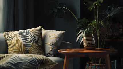 Patterned cushions on sofa next to wooden table and plant in dark apartment interior Real photo : Generative AI