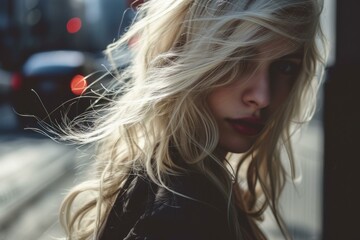 Poster - Close-up of an enigmatic blonde woman with windswept hair and intense gaze in an urban setting