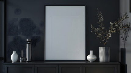 Poster - Mockup frame on cabinet in living room interior on empty dark wall background3D rendering : Generative AI
