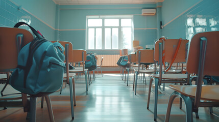 Poster - Interior of stylish empty classroom with backpacks and stationery : Generative AI