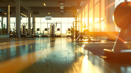 Poster - Sunshine fitness and empty gym for exercise workout and training Sunlight room and a club for sports health or cardio and exercising routine in the morning in summer for wellness and r : Generative AI