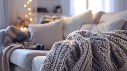 Poster - Cozy living room interior with knitted blanket on comfortable sofa : Generative AI