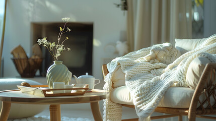 Wall Mural - Hygge design of living room with white knitted blanket on wood chair and pillows on rattan armchair Glass table with breakfast tray green branch and ceramic vase against decorative fir : Generative AI