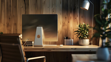 Poster - Comfortable workplace with computer near wooden wall in stylish room interior Home office design : Generative AI