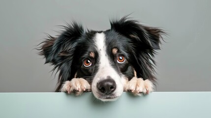 Wall Mural - adorable border collie peeking over bright background playful pet photography digital illustration