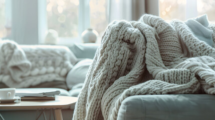 Poster - Cozy living room interior with knitted blanket on comfortable sofa : Generative AI