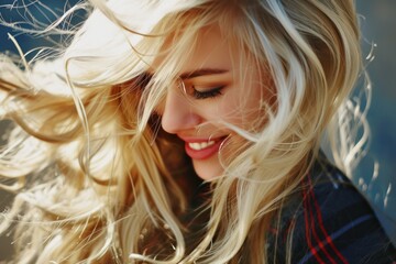 Poster - Joyful young woman with flowing blonde hair basking in the sunlight