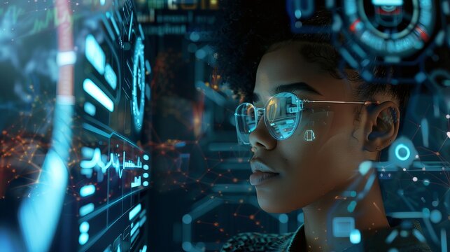 african american female cybersecurity specialist analyzing data concept of ai and it security digital collage