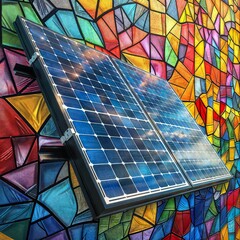 Wall Mural - Artistic colorful photomontage of solar panel array against stylized geometric stained glass pattern background, depicting renewable energy concept.