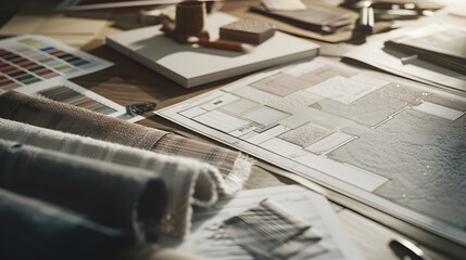 Poster - Interior designers working table an architectural plan of the house a color palette furniture and fabric samples Drawings and plans for house decoration : Generative AI